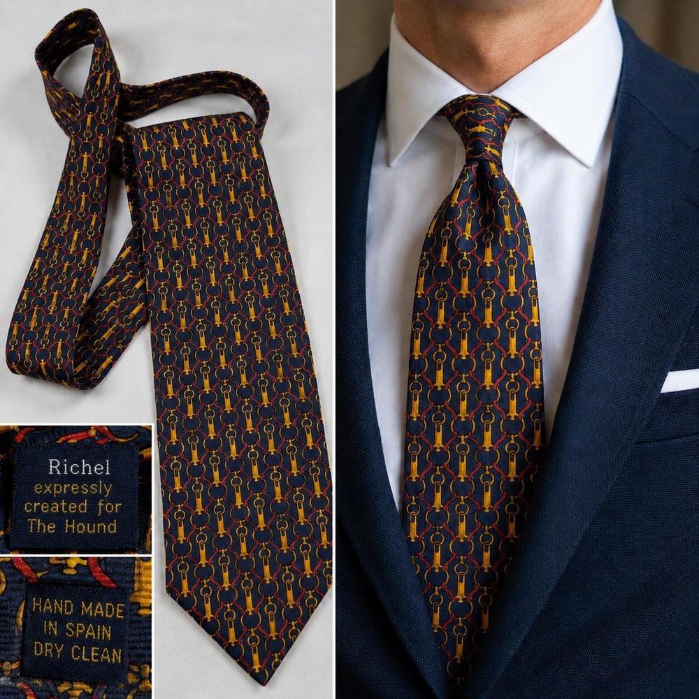 Richel Handmade Spain Silk Tie Horse Bit Equestrian Navy Gold Red Vintage
